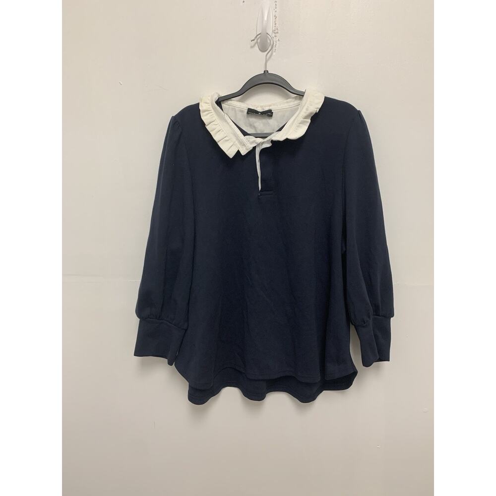 Pomander Place Navy Top with Cream Ruffled Collar